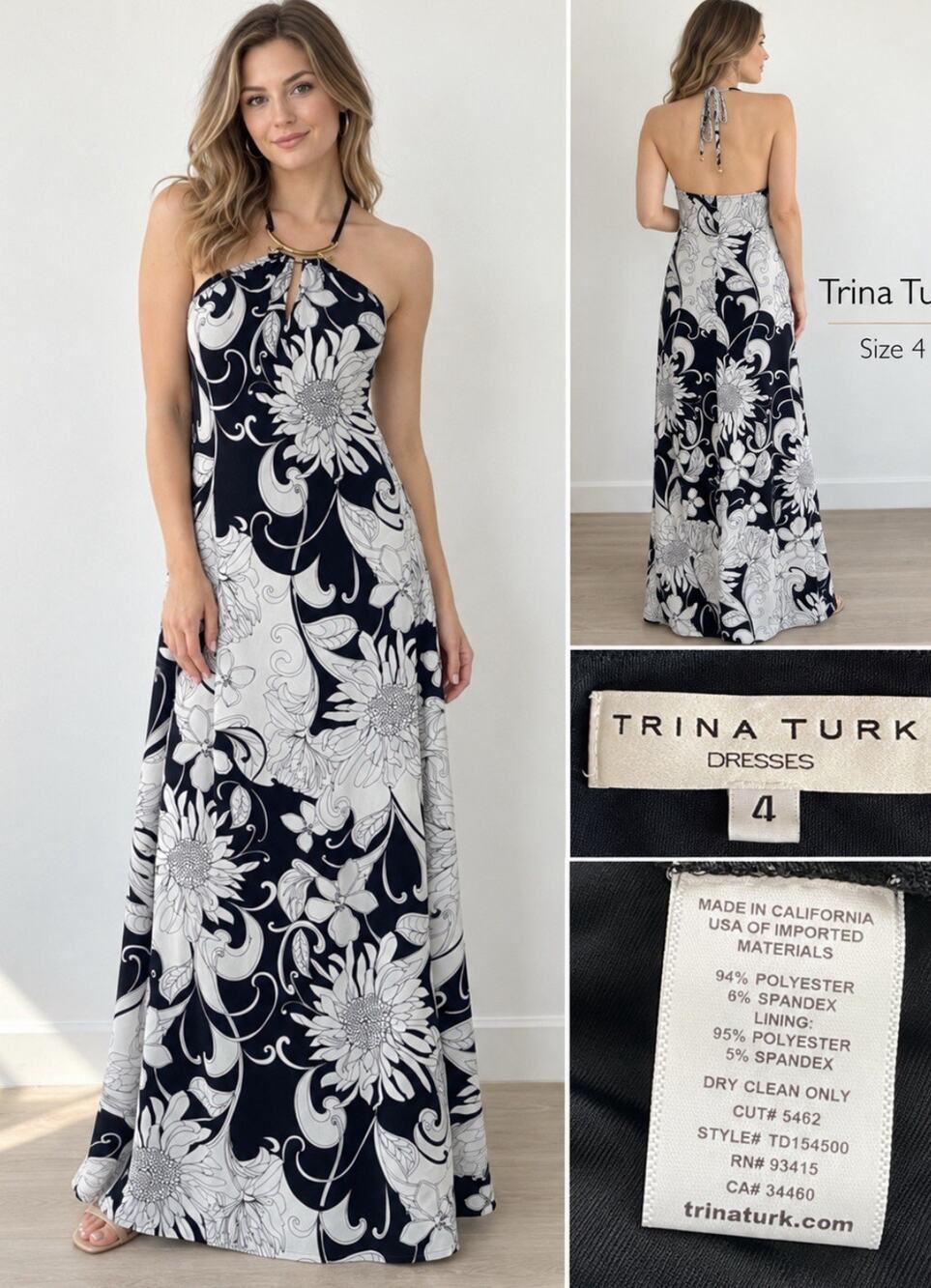 Resort Coastal Trina Turk Floral Halter Maxi Dress 4 Black White Gold Hardware